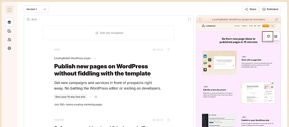 Screenshot of LandingRabbit interface showcasing page creation features