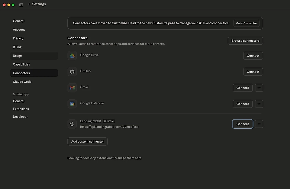Screenshot of Claude settings showing Connectors for Google Drive, GitHub, Gmail, Google Calendar, and custom connector.