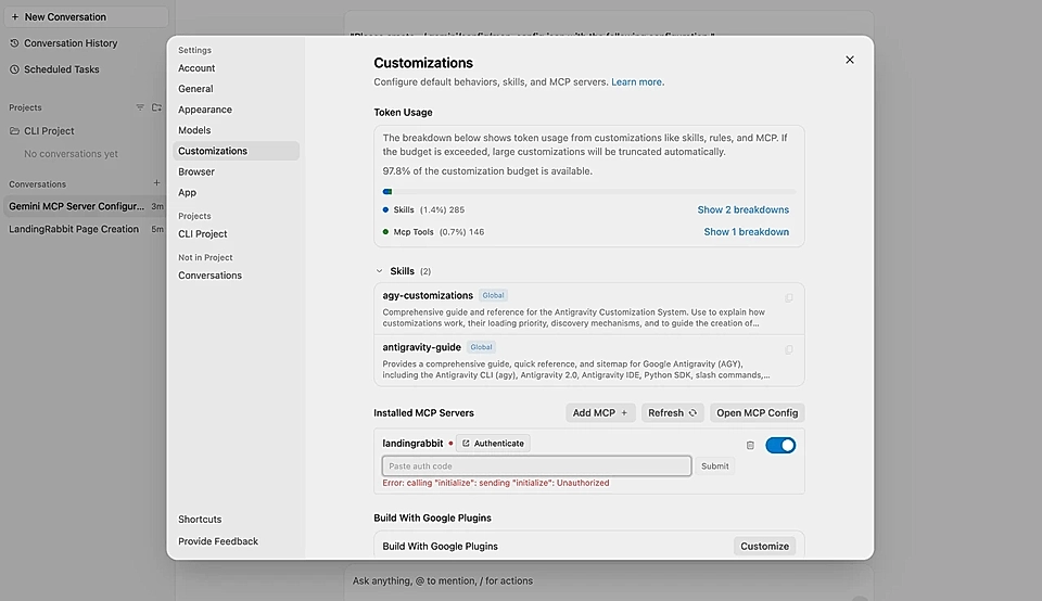 Google Antigravity app settings and Customizations tab