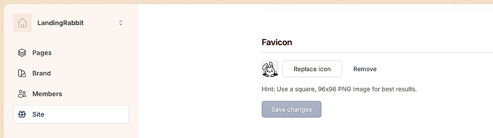 Screenshot of LandingRabbit's site settings for updating favicon, with options to replace or remove the icon.