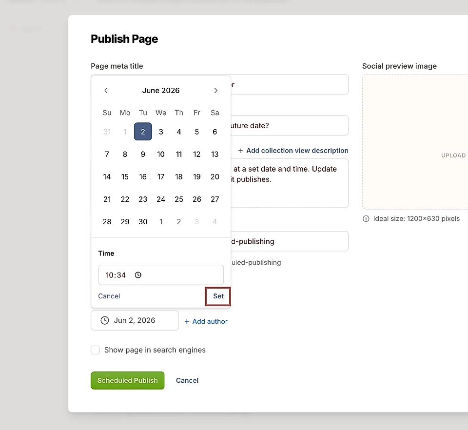 Publish Page scheduling popup with time picker and Set button