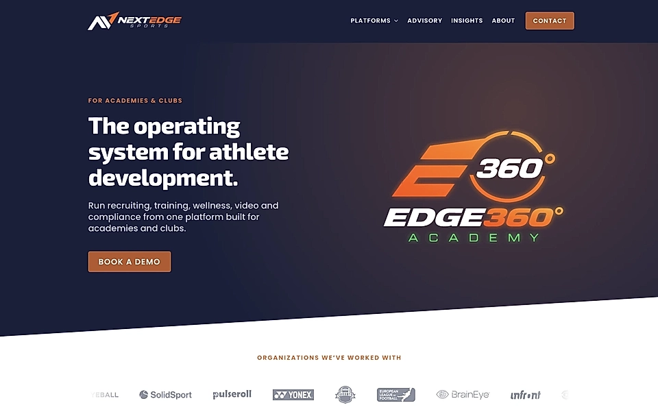 NextEdge Sports landing page with hero text, navigation, and a Book a Demo button.