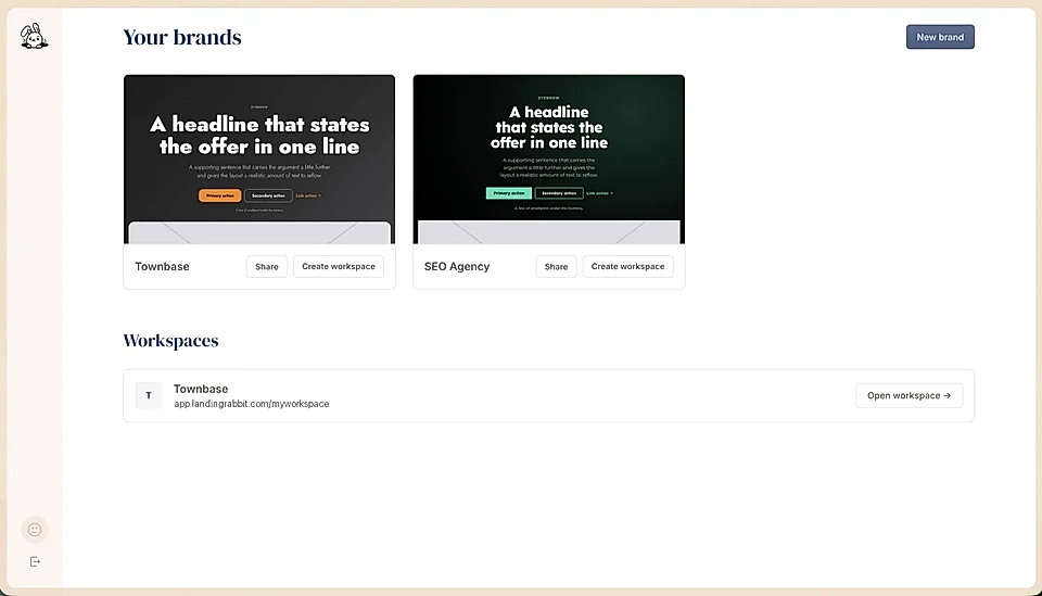 Agency view with brand cards and a workspaces list