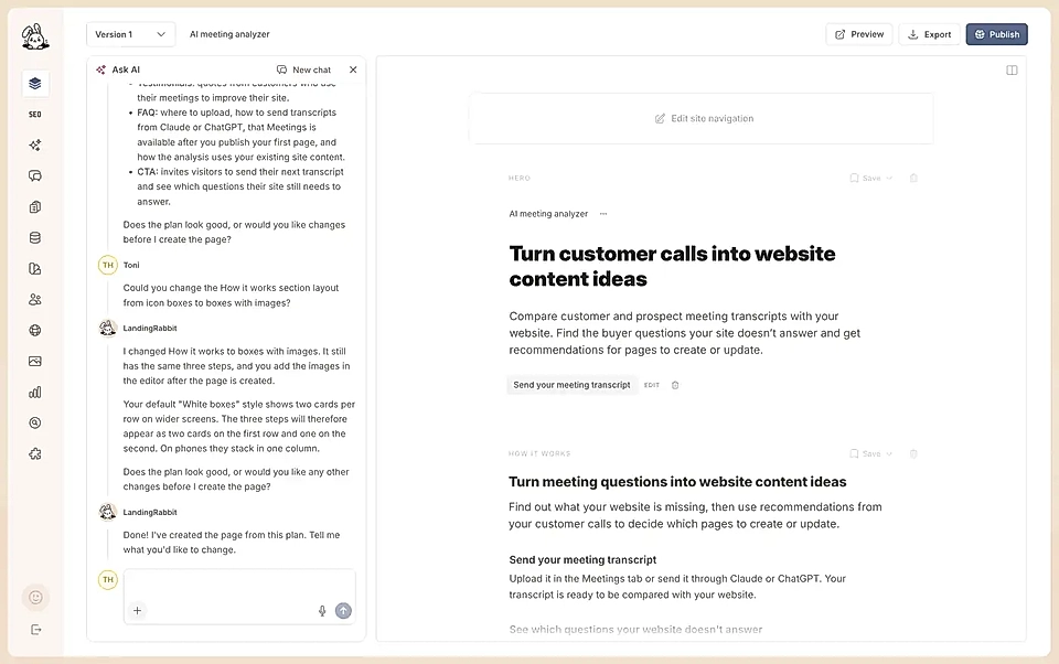 Ask AI chat for edits inside LandingRabbit's page editor