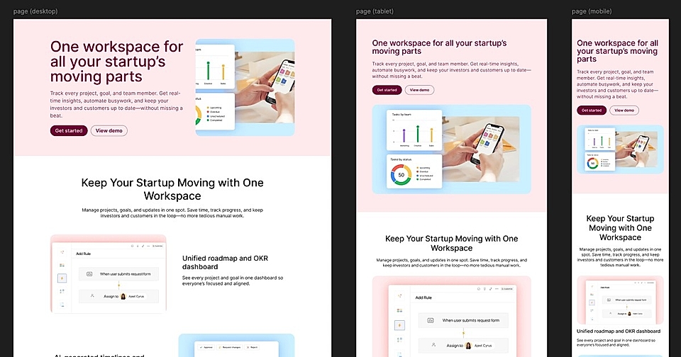 Three design layouts (desktop, tablet, mobile) showcase a SaaS dashboard for managing startup projects and insights.