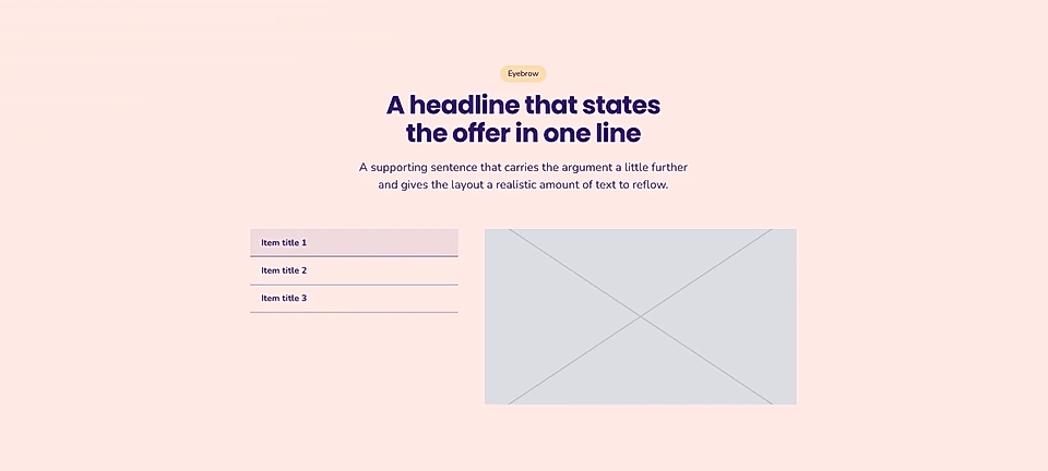 Landing page mockup with headline, supporting text, item list, and image placeholder