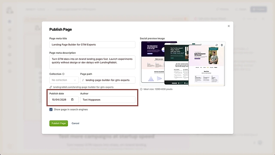 Screenshot of LandingRabbit page publishing dialog with fields for meta title, description, path, publish date, and author.
