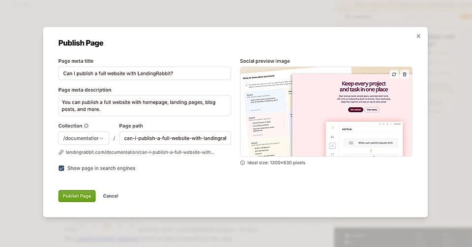 Publish page interface for LandingRabbit, including meta title, description, and social preview image settings.