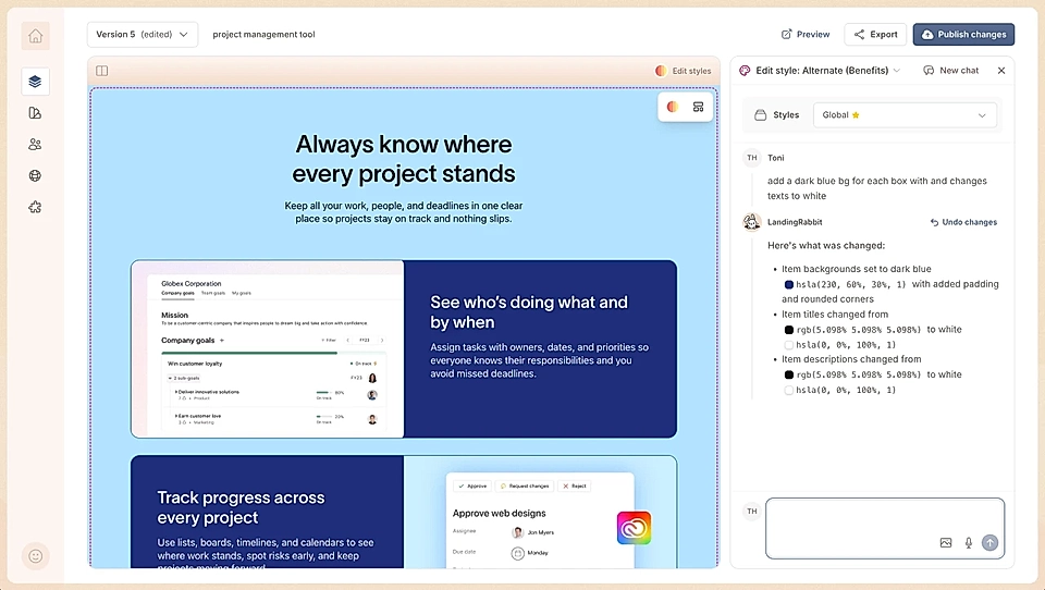 Screenshot of the LandingRabbit dashboard and editing the background color of the Alternate items