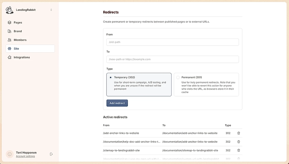 Screenshot of LandingRabbit redirect settings page, featuring form fields for URL redirection options and active redirects.