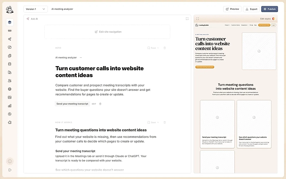 LandingRabbit page editor with a page preview