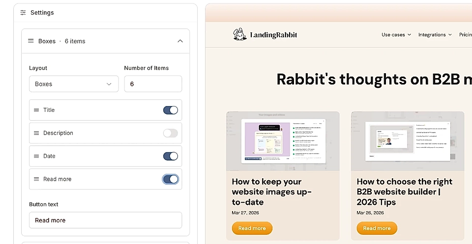 LandingRabbit's Collection page editor view with block-level settings for the number of items and content item visibility