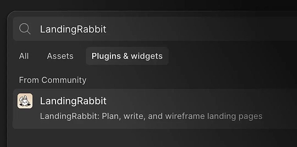 Screenshot of a search interface showing the LandingRabbit plugin for creating landing pages in Figma