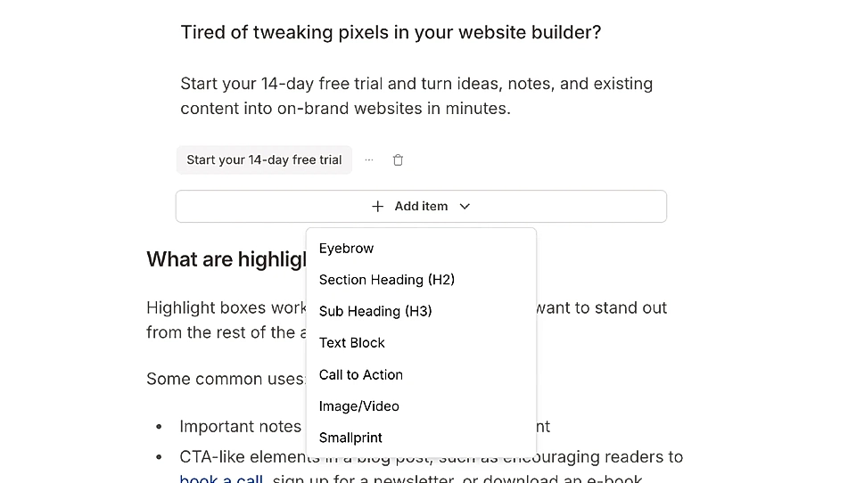 Add highlight box items: heading (H2 and H3), text block, call to action, image/video, and smallprint.