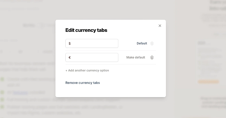 Modal window displaying options to edit currency tabs: USD, EUR with default settings and options to add/remove currencies.