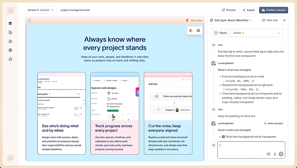 Screenshot of LandingRabbit design customization options and how to change the background colour of each box