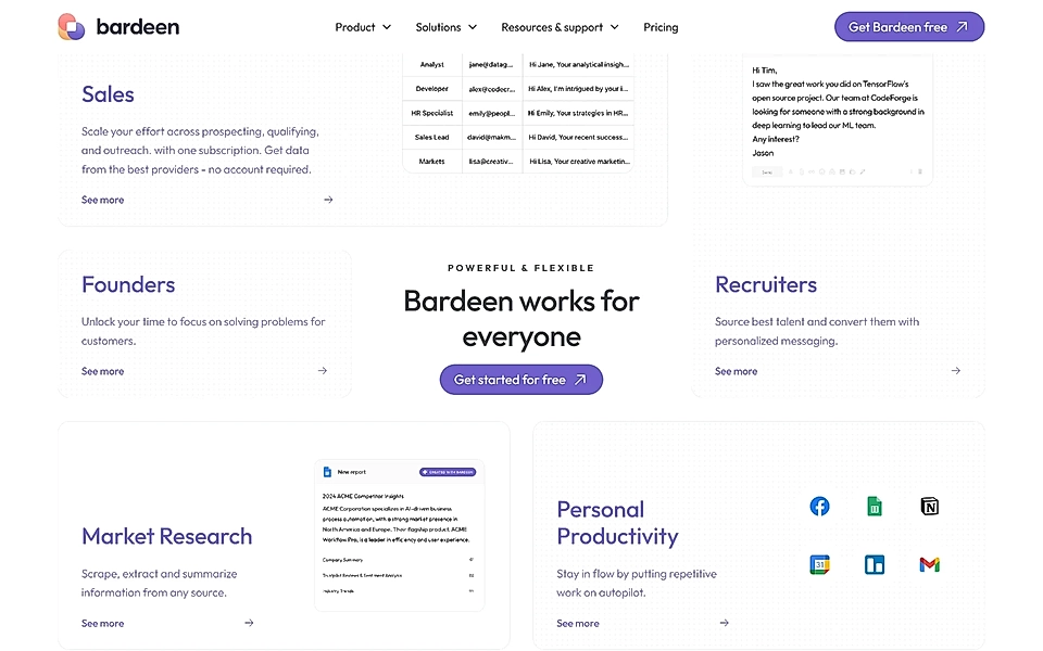 Use cases described and shown around the CTA button on Bardeen’s website