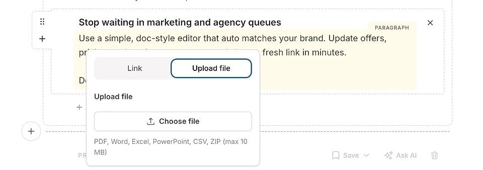 LandingRabbit page editor with upload options for various file formats including PDF, Word, and Excel.