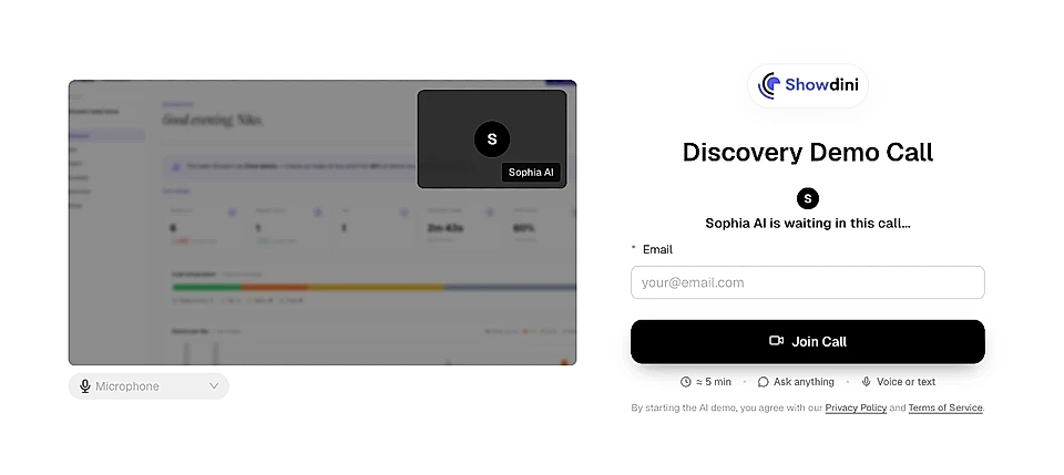 Showdini's Discovery Demo Call page with Sophia AI join form, email field, and microphone control