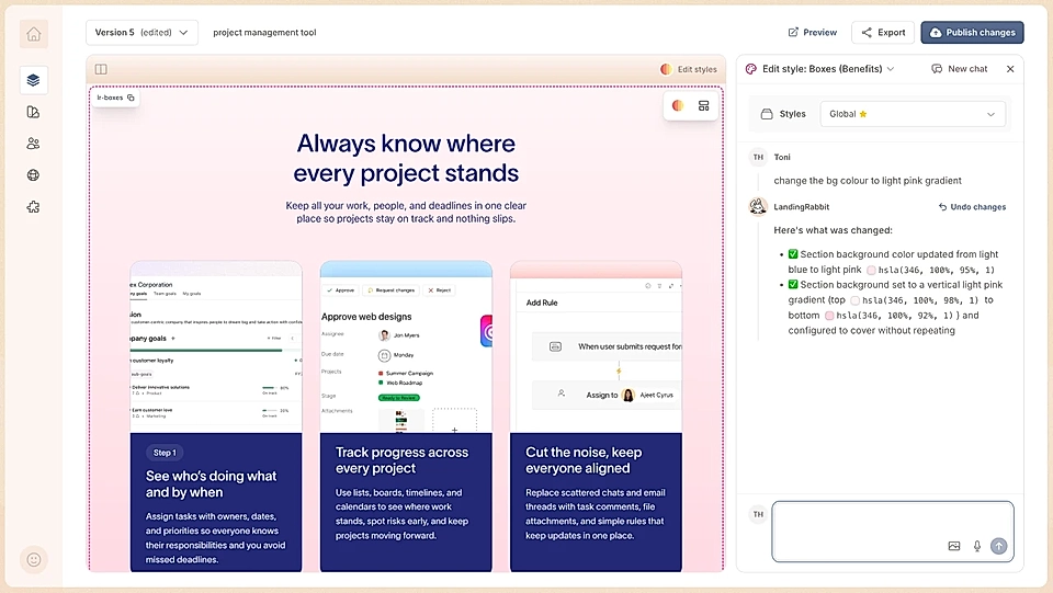 Screenshot of LandingRabbit dashboard and edit styles chat with AI