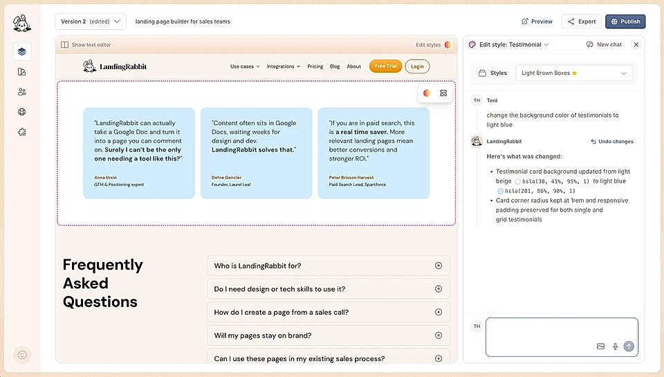 LandingRabbit web editor displaying testimonials, FAQs, and style options for a landing page builder interface.