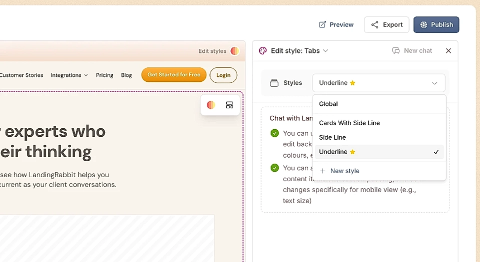 Pre-made styles for the Tabs section