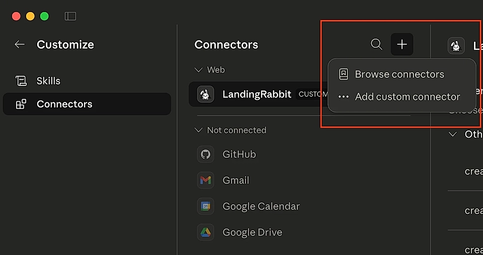 Interface screenshot showing 'Customize' and 'Connectors' with options to browse and add custom connectors.