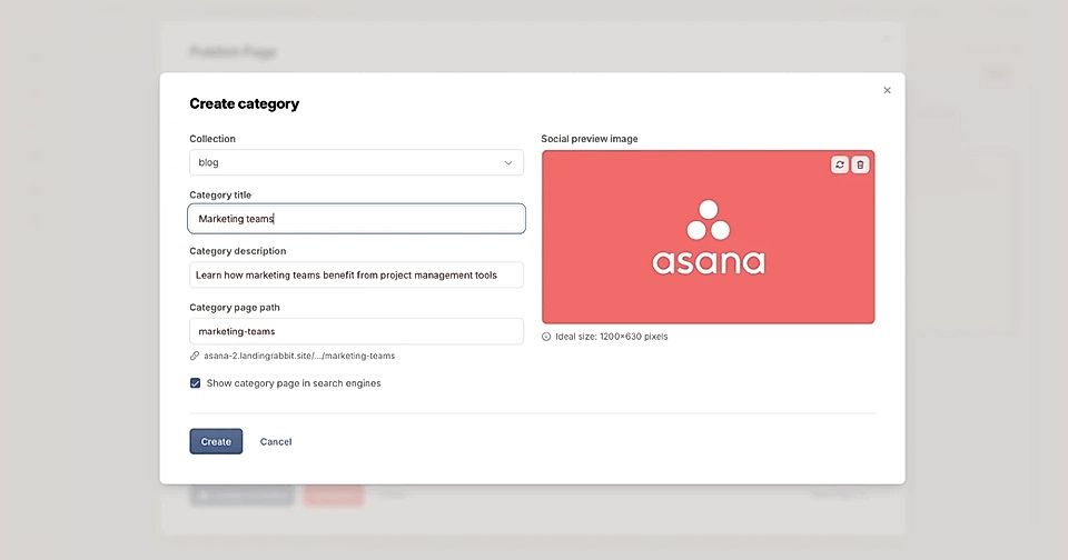 Screenshot of a 'Create Category' window in LandingRabbit, featuring fields for title, description, and social image.
