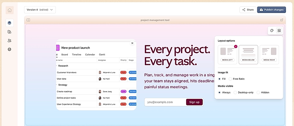 Screenshot of a website and image editing tool in LandingRabbit