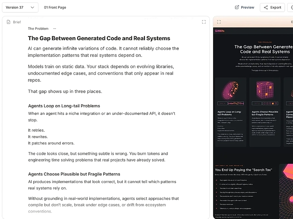Document editor with article text and a dark preview panel showing the same layout.