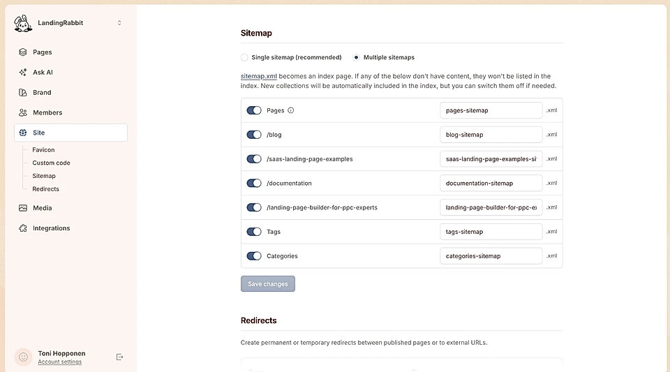 Screenshot of LandingRabbit's sitemap settings, showing options for single or multiple sitemaps.