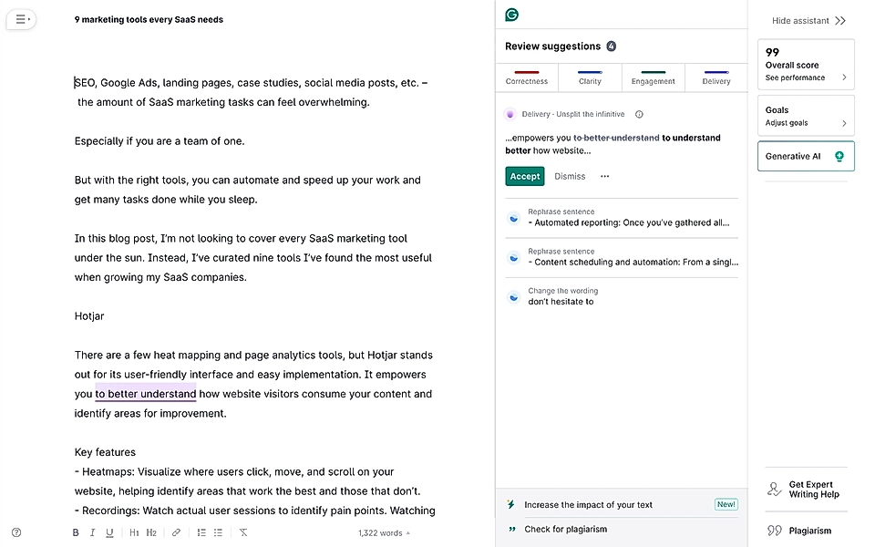 An example of blog post grammar and style suggestions provided by Grammarly, a SaaS marketing tool