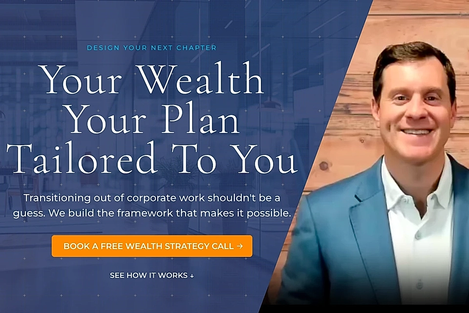 Wealth planning landing page with call-to-action button and smiling man in blue blazer