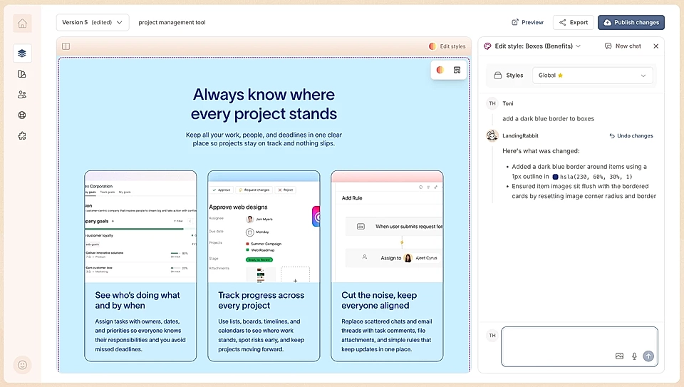 User interface for changing the Boxes section styles and border colour