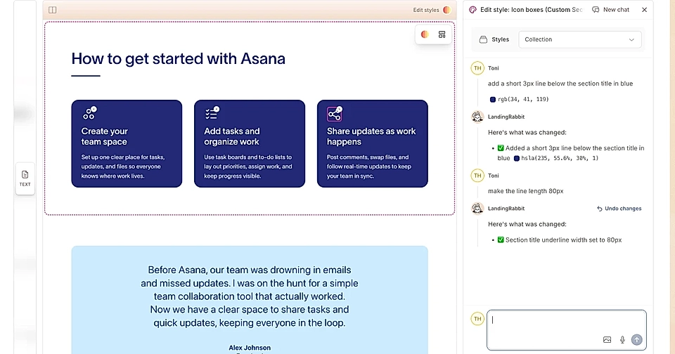 Adding a decorative line below the section title via Edit Styles chat in LandingRabbit