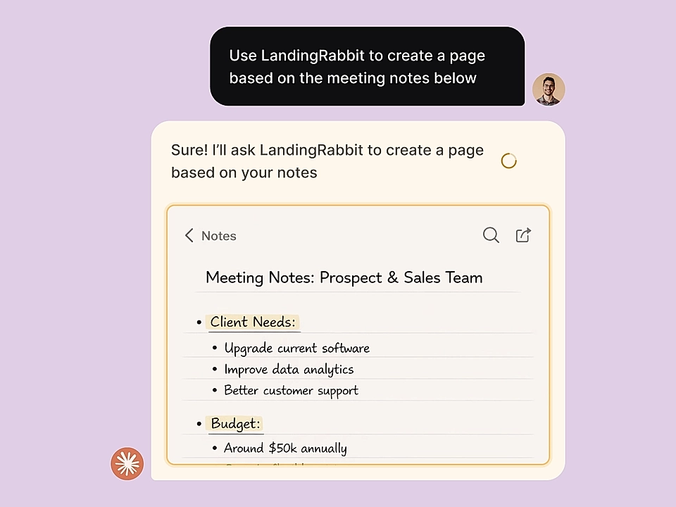 Screenshot of a digital note-taking app showing meeting notes for a sales team, highlighting client needs and budget.