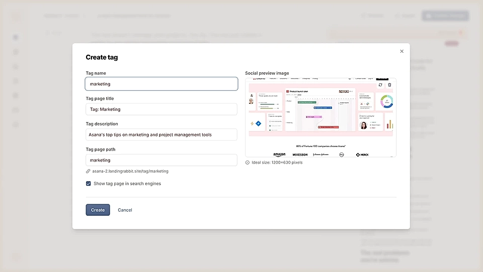 Screenshot of the LandingRabbit tag creation interface for a marketing page, displaying fields for tag name, description, and a preview image.
