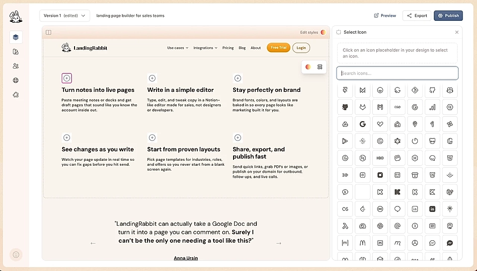 LandingRabbit page editor with boxes layout and icons search