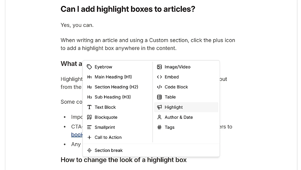 LandingRabbit article editor showing a plus menu with the Highlight block selected for adding highlight boxes