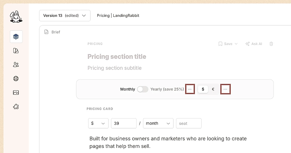 Screenshot of a LandingRabbit pricing section editor interface showing options for tabs