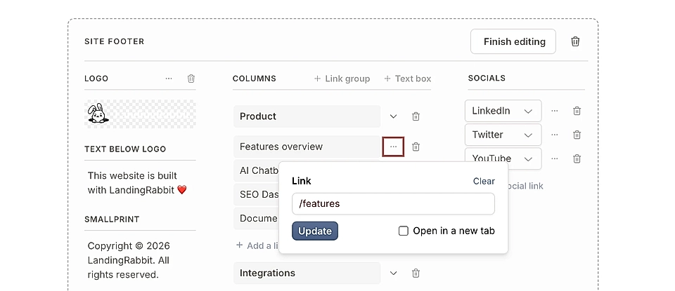 Website footer editor with logo, link columns, social links, and a link settings popup.