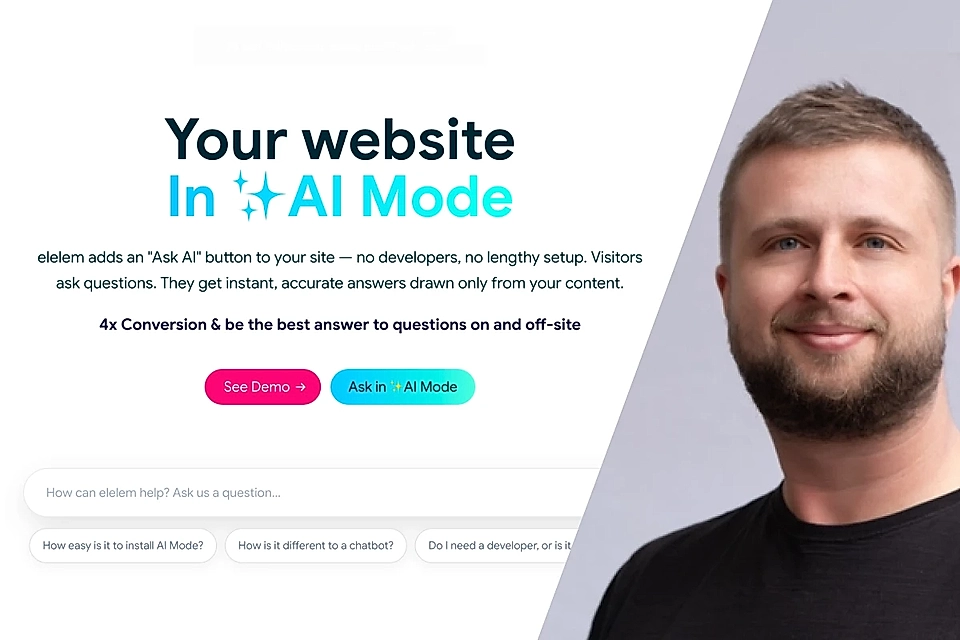 Website landing page promoting AI mode with CTA buttons, search bar, and portrait of a smiling man on right.