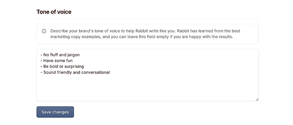 Screenshot of a tone of voice input section in LandingRabbit settings, with guidelines for brand communication style.