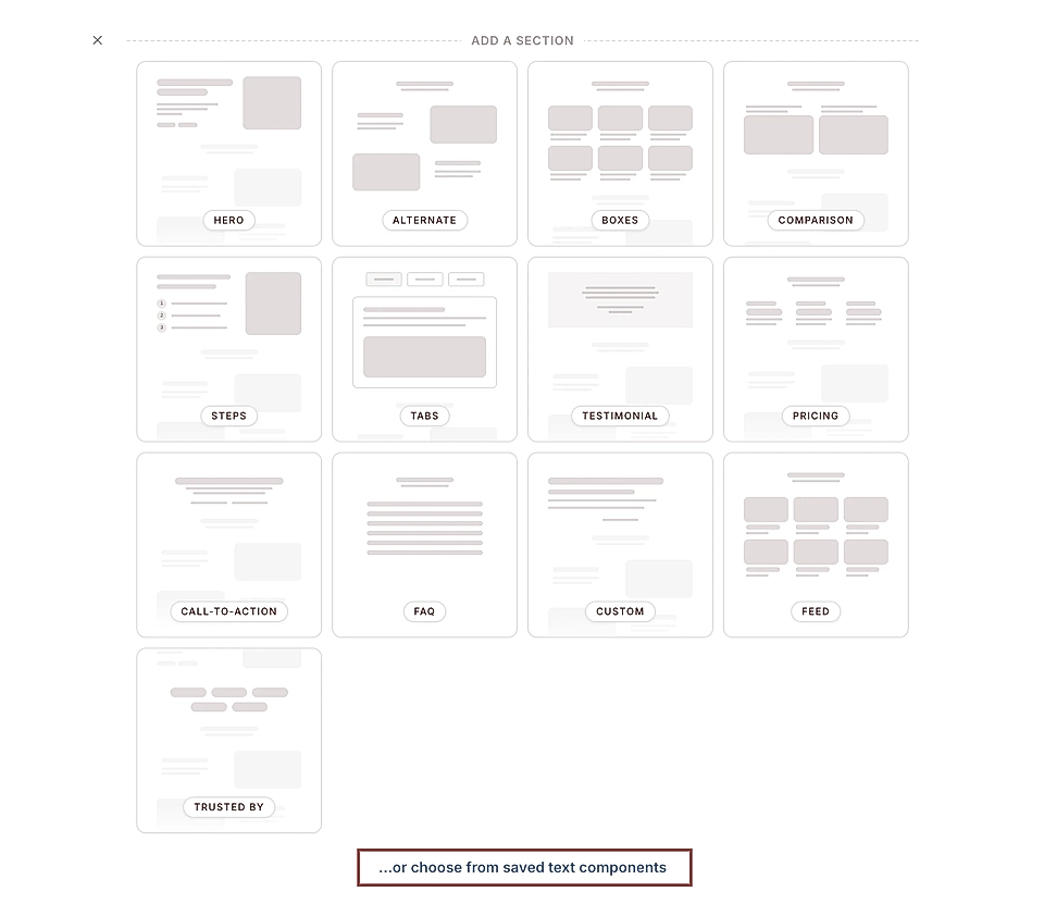 Section picker interface showing template cards for hero, steps, pricing, FAQ, and more