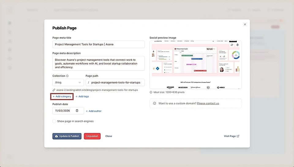 LandingRabbit's publish a page modal