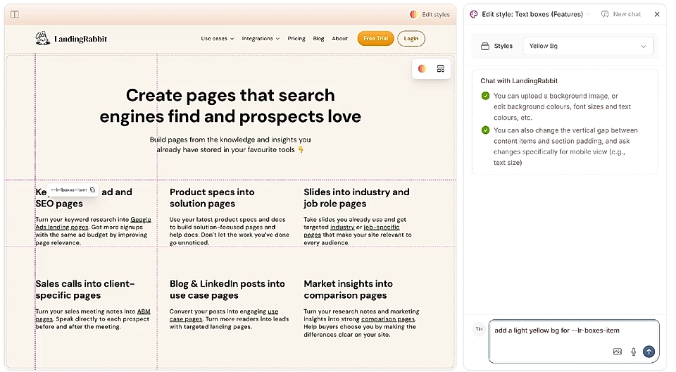 Screenshot of LandingRabbit website showcasing page creation features for SEO and marketing insights.
