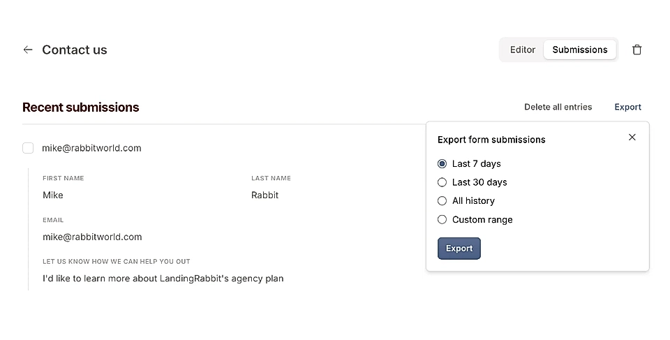 LandingRabbit form builder interface with export submissions feature