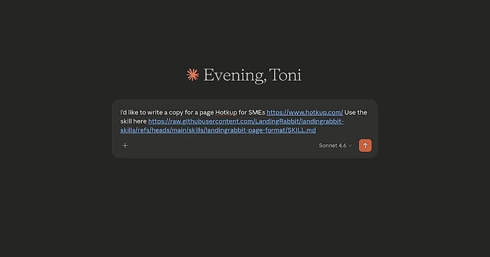 Screenshot of a chat interface with a message about writing a copy for a B2B page for Hotkup.