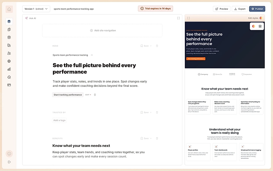 Website builder interface showing a sports team performance landing page editor and live preview