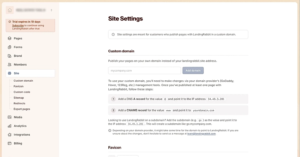 Set up a custom domain in Site settings page